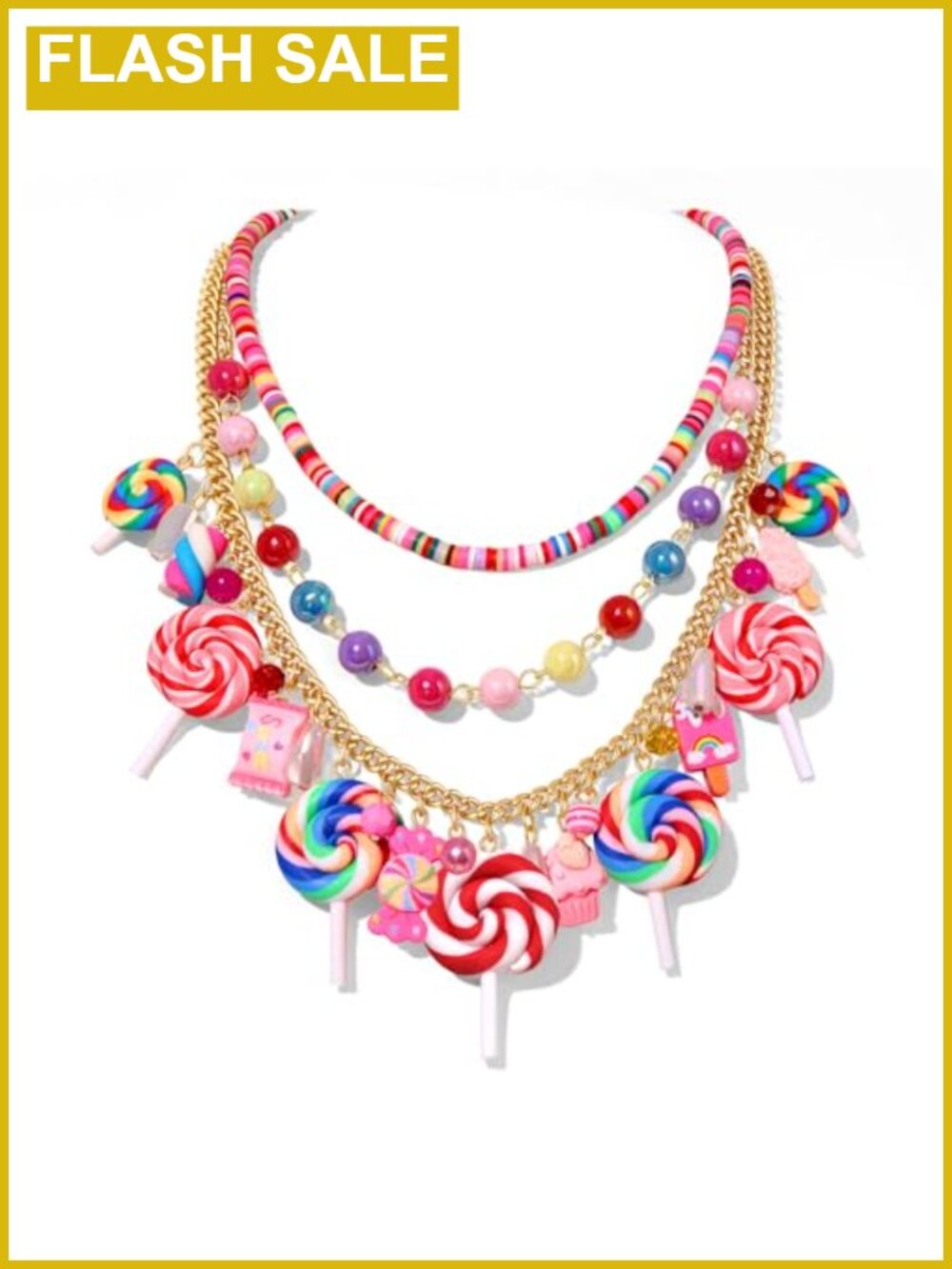 Candy Layered Necklace for Women Colorful Beads Lollipop Gummy Bear Cake Ice